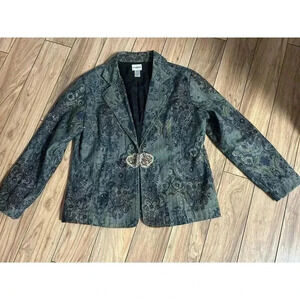 Chicos Denim Blazer 2/Large Floral Embroidered Whimsigoth Bohemian Hook & Eye
